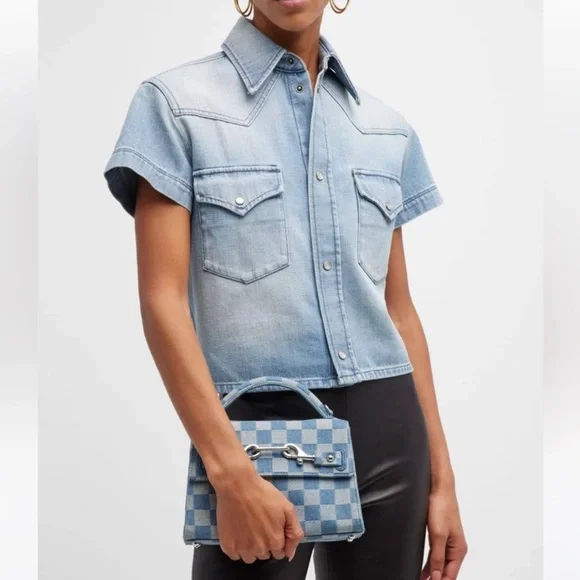 Rebecca Minkoff Lou Top Handle Denim Crossbody Bag in Light Blue/Dark Blue NWOT - Picture 2 of 9